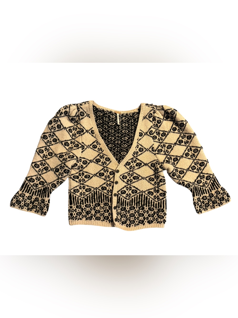 Free People Cream & Black Diamond-Patterned Knit Cardigan XS